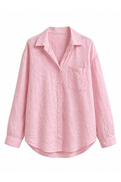 Elvan Güven Pembe Oversize Tensel Kumaş Gömlek