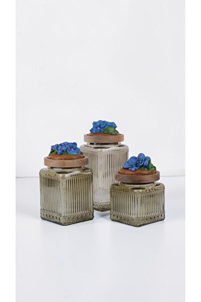 byUZUNOĞLU French Country Acacia Lid Premium Jar Set of 3 - Sapphire Flower D...