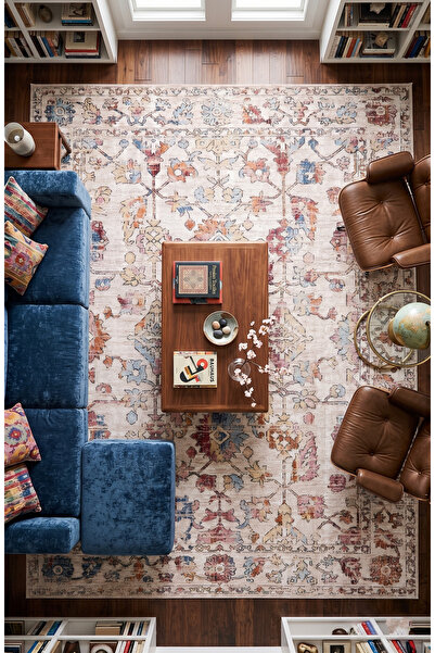 Estiva Home Vintage Krem Desenli Dijital Kaymaz Pamuk Taban Yıkanabilir Tozum...