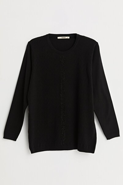 Nihan Plus Size Stone Striped Viscose Sweater - Black