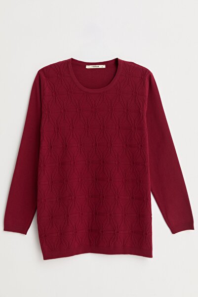 Nihan Plus Size Self-Patterned Viscose Sweater - Burgundy