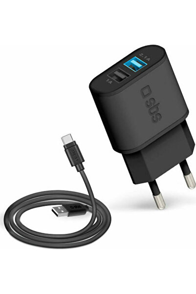 SBS Φορτιστής με 2 θύρες USB-A και καλώδιο USB-C Μαύρο (TEKITTRC2U2AFASTK)