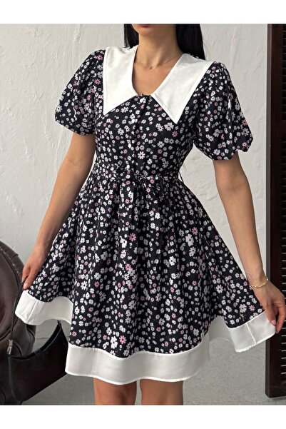 LOKADI Women's Retro Floral Patterned Doll Collar Watermelon Sleeve Belted Dress