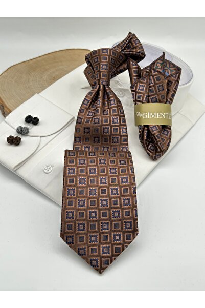 Gutiero Brown Patterned Classic Tie with Handkerchief