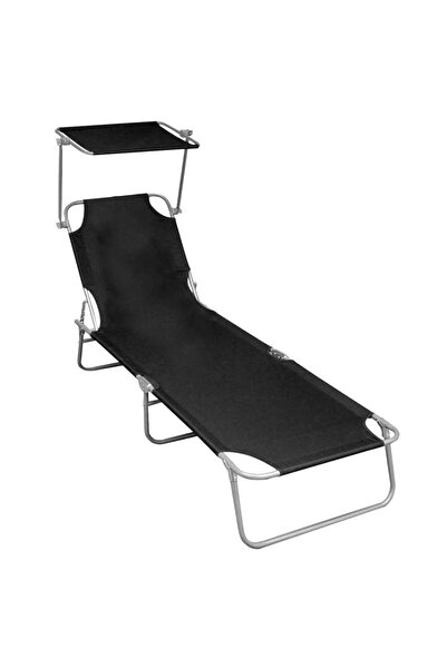 vidaxl Șezlong pliabil cu copertină, negru, aluminiu