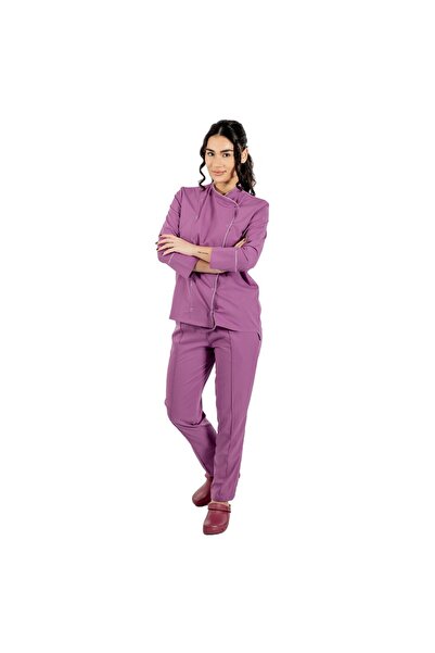 RUNI Uniforma bucatar dama magenta stretch tip tunica cu capse si pantaloni c...