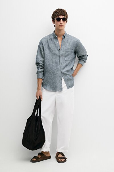 Massimo Dutti Regular fit melanj fitilli %100 keten gömlek