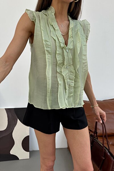 mylove V-Neck Ruffled Sleeveless Blouse Green