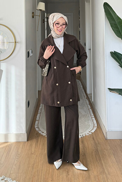 Tesettür Diyarı Hely Thin Crepe Fabric Casual Jacket-Pants Hijab Set - Brown