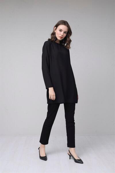 Moodbasic Uzun Kollu Krep Tunik - Siyah
