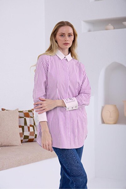 Moodbasic Manşeti Etiket Detaylı Çizgili Gömlek - Pembe