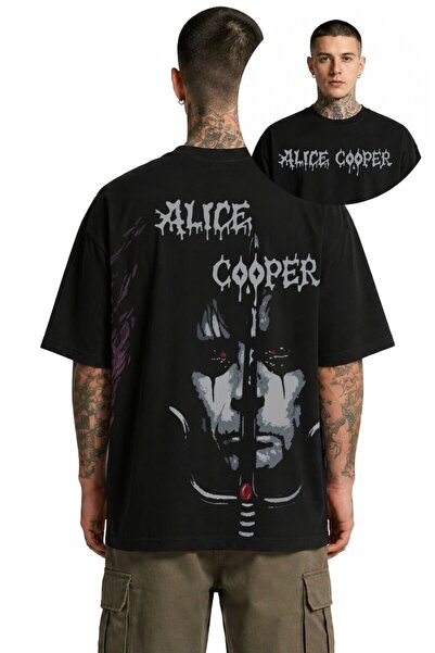 Fuddy Moda Unisex Alice Cooper Back Print Crew Neck T-Shirt, Oversize Rock Ba...