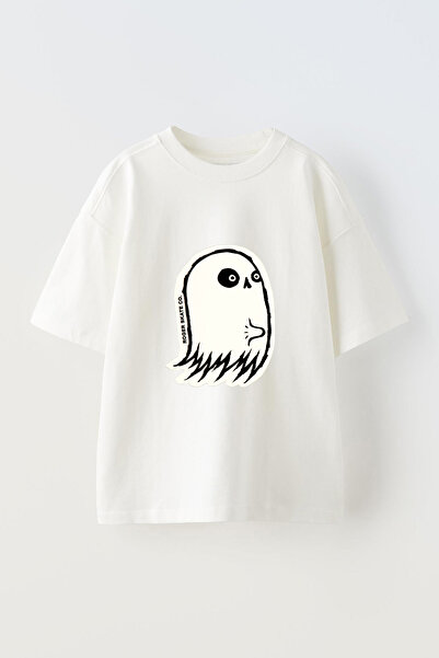 Anetos Tricou oversize alb din bumbac cu imprimeu frontal Ghost Tasarım