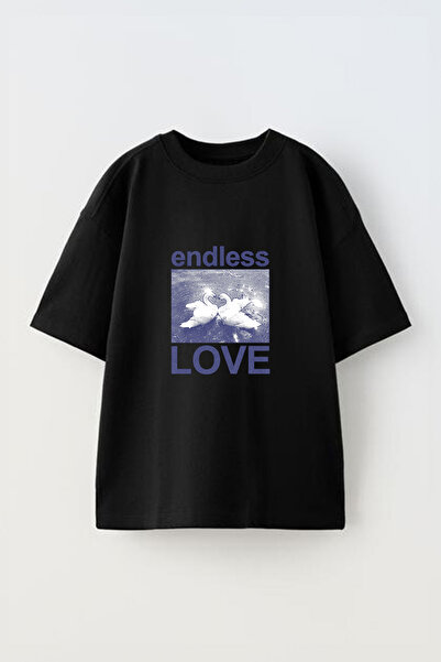 Anetos Tricou oversize negru din bumbac cu imprimeu frontal Endless Love Design