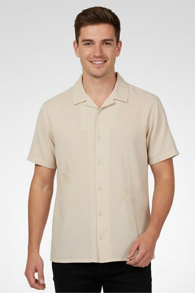 Threadbare Men Regular Fit Short Sleeve Embroidered Casual Shirt, Beige