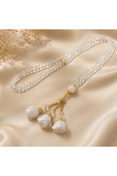 thesmt studio Transparent White Crystal Glass Beaded Rosary with Roses, 99 Pieces