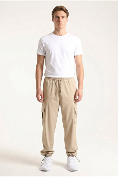 ELAFRO Men's Beige Cargo Pocket Parachute Fabric Elastic Waist Loose Fit Jogg...