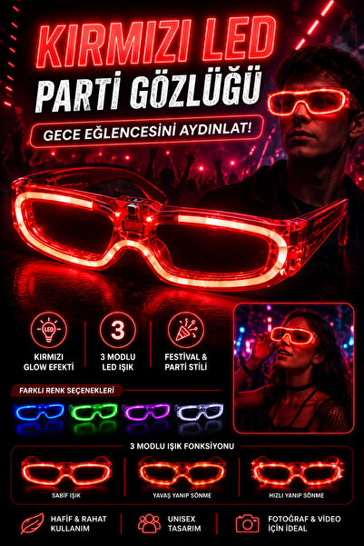 Tamsena Store Kırmızı LED Işıklı Glow Parti Gözlüğü 3 Modlu Unisex Festival v...