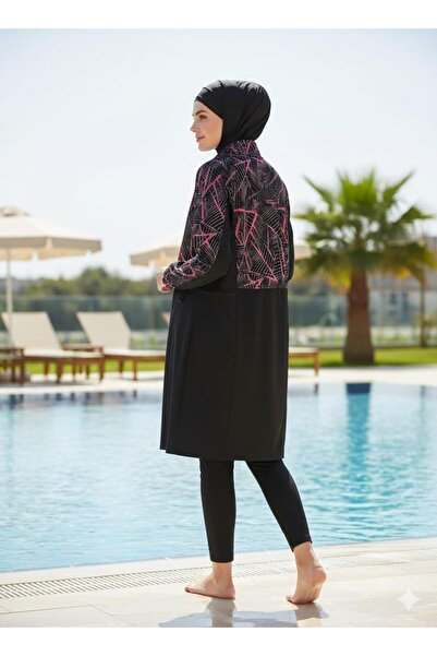 Moodbasic Geometrik Desenli Tesettür Mayo - Siyah