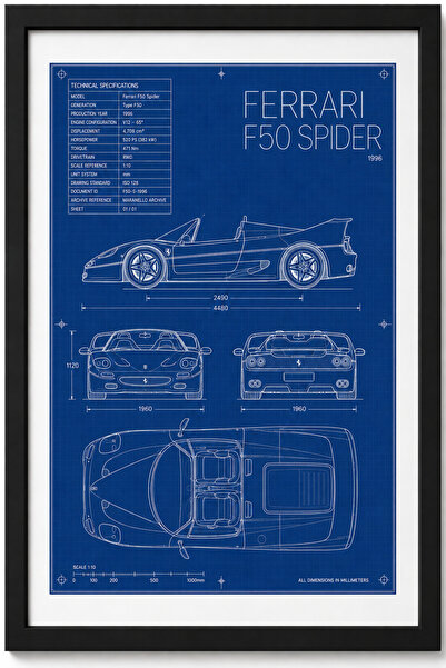OZZO ART DESIGN FERRARI F50 SPIDER Blueprint Line Art | Limited Edition A3 |