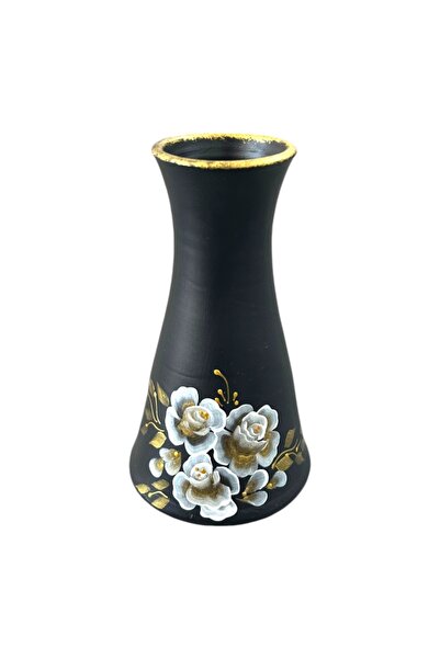 OEM Black ceramic vase with rim, 25 cm, hand-painted with white roses – flare...