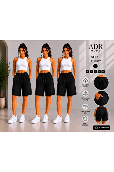 ADR MODA 3’lü Şort Seti Siyah Rahat Kalıp Günlük Spor Şort İç Göstermeyen
