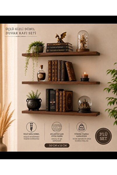 ANC 3'lü Gizli Dübel Duvar Rafı 50x15 cm Atlantik Çam Ceviz Desenli Dekoratif...