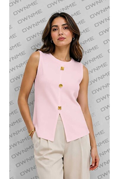 OWNME Women's Crew Neck Gold Buttoned Slit Cotton Blouse