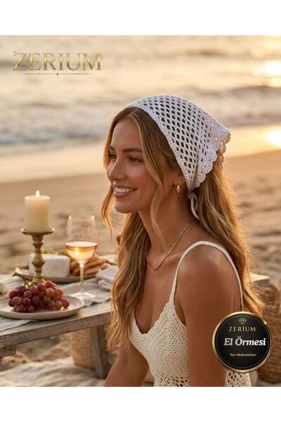 ZERİUM Handmade Women's Knitted Bohemian Mesh Summer Bandana Plain Ecru