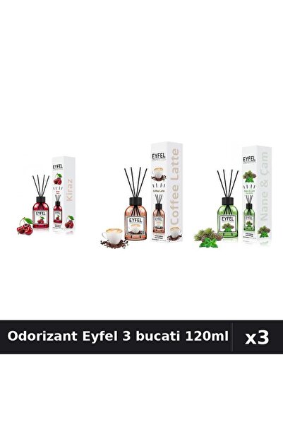 Eyfel Set 3 Odorizante Camera cu Betisoare - Cirese, Cafea, Pin Menta 120ml