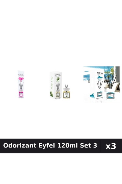 Eyfel Set 3 Odorizante Camera cu Betisoare 120ml - Bubble Gum, Lacramioare, O...