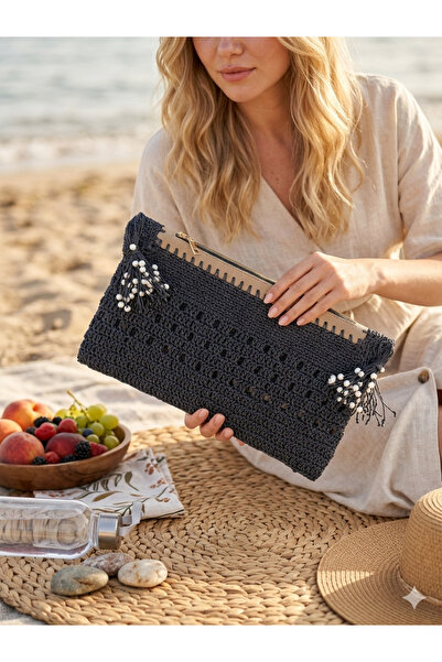 Enie Women's Straw Clutch Pearl Embroidered Handmade Zipper Bag