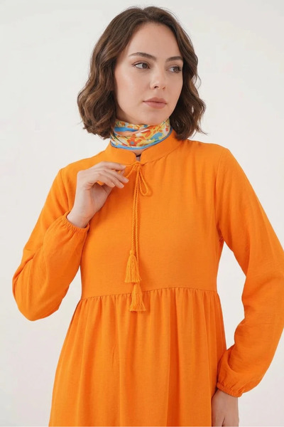 Generic Brand Women's Lace-Up Collar, Gathered Waist, Floral Patterned Orange...