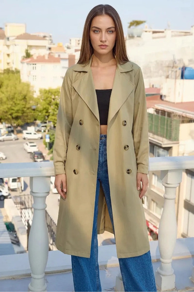 buğrahayalin Women's Double-Breasted Collar Belted A.Khaki Trench Coat