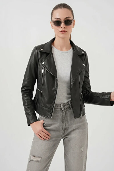 buğrahayalin Women's Stand Collar Biker Black Jacket