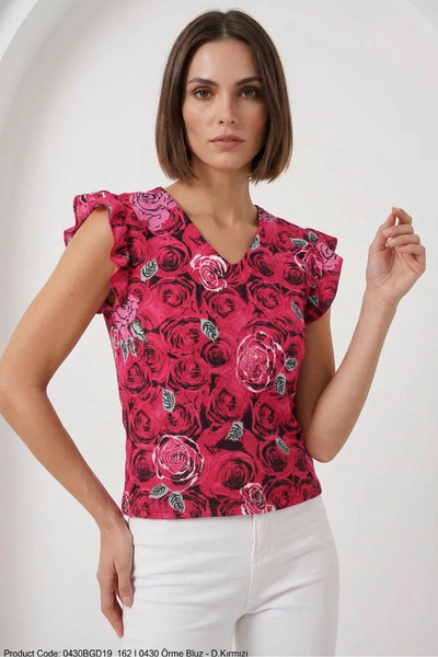 buğrahayalin Women's V-Neck Floral Patterned Dark Red Blouse
