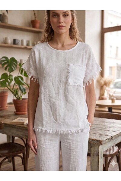 AYASOFYA OTANTIK Women's White Round Neck Textured 100% Cotton Blouse with Ta...