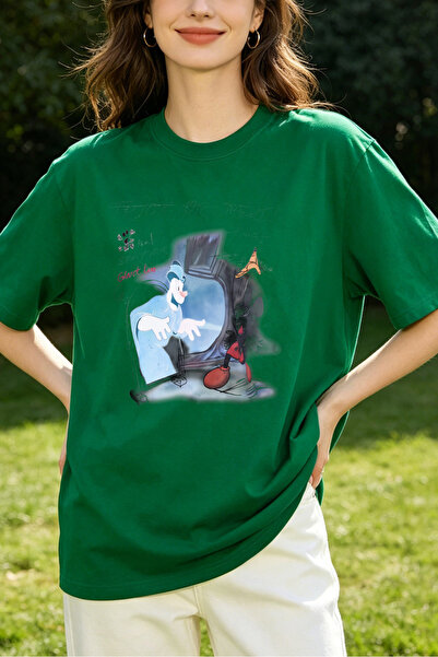 Fleck Womens T Shirts Mickey Mouse Cartoon Print Oversized Casual Style Green...