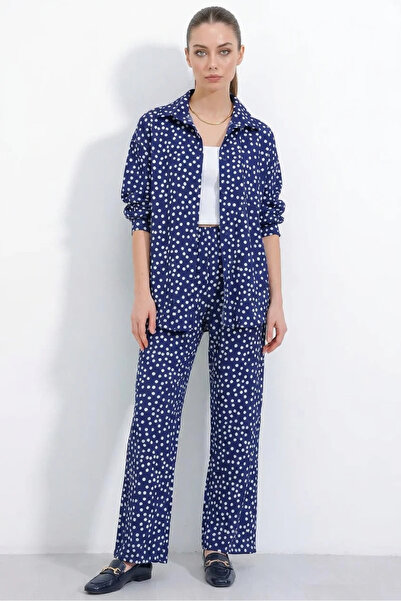 buğrahayalin Women's Shirt Collar Oversize Polka Dot Navy Blue Ecru Two-Piece...