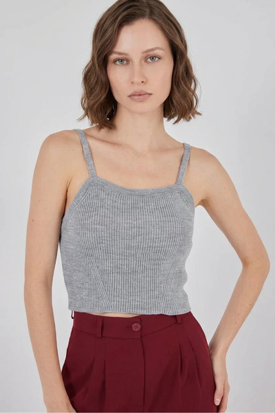 buğrahayalin Women's Square Neck Strap Gray Blouse