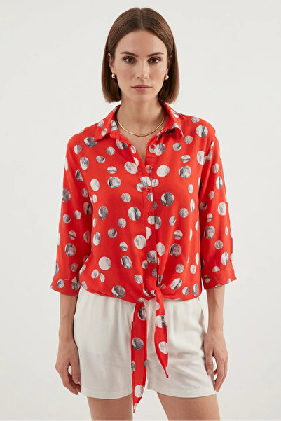buğrahayalin Women's Waist-Tied Front Patterned Viscose Red Shirt