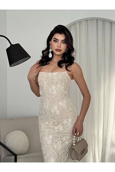 luzuze Nakışlı Astarlı ip Askılı Midi Boy Premium Elbise - BEJ