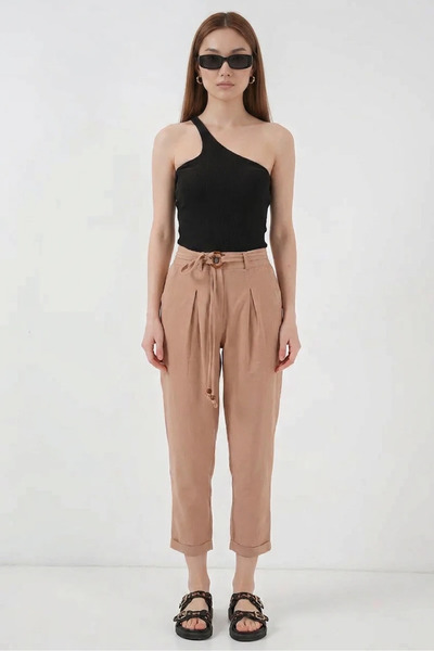 Generic Brand Women's High Waist Belted Linen Biscuit Trousers