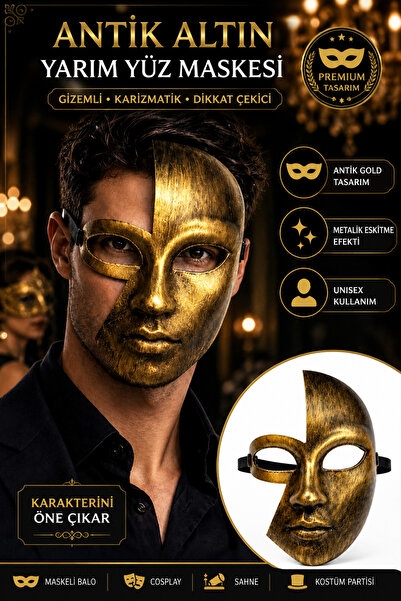 Tamsena Store Antik Altın Yarım Yüz Parti Maskesi Gold Venedik Balo Cosplay S...