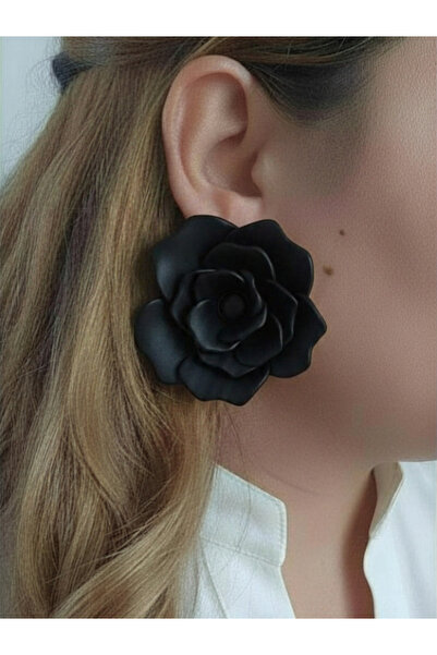 Fullment Large Black Rose Flower Earrings - 6 cm Minimalist Hoop/Post Rose Fl...