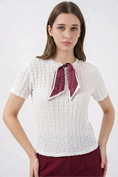Şeker Portakalım Women's Round Neck Scarf Short Sleeve White Blouse