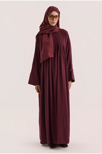 HEQA Nervür Detaylı Keten Abaya Bordo
