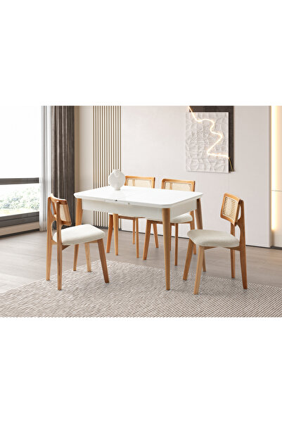 Viento Mobilya Koza Tekno Kenar Kar Beyaz Renk Highgloss Açılır 110X70 Masa 6...