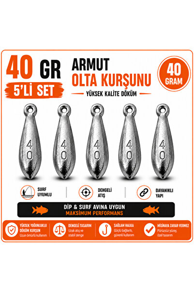 EK AV EKİPMANLARI 40 GR ARMUT OLTA KURŞUNU 5 ' Lİ SET -SURF & DİP AVI İÇİN YÜ...
