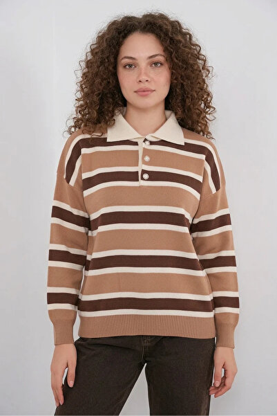buğrahayalin Women's Polo Collar Striped Knitwear Mink Sweater
